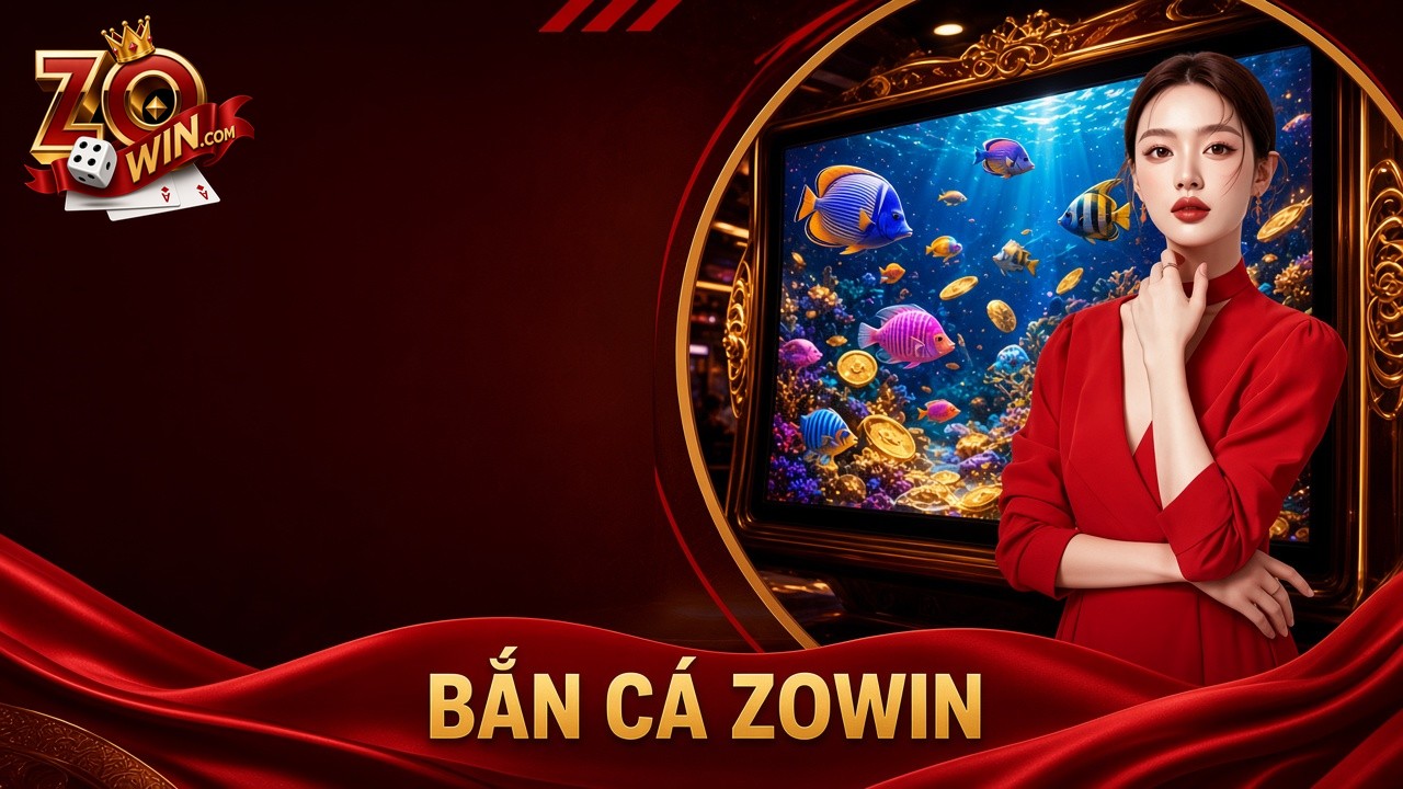 Banner bắn cá Zowin với bể cá, xu vàng và người mẫu áo đỏ