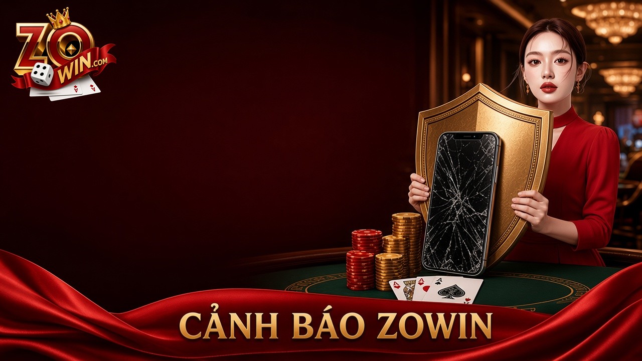 Banner cảnh báo Zowin với khiên vàng và màn hình nứt