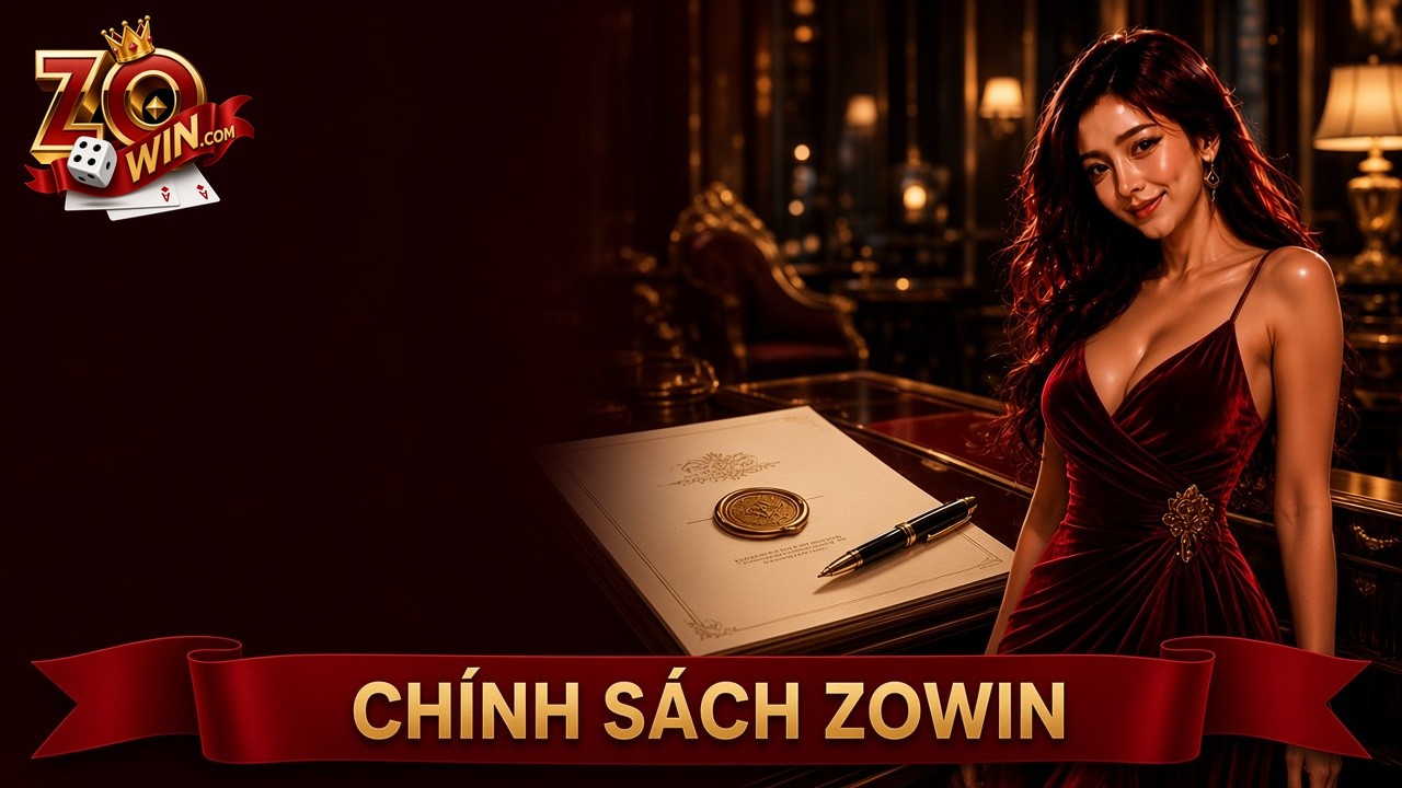 Banner chính sách Zowin với văn bản niêm phong và bút mực