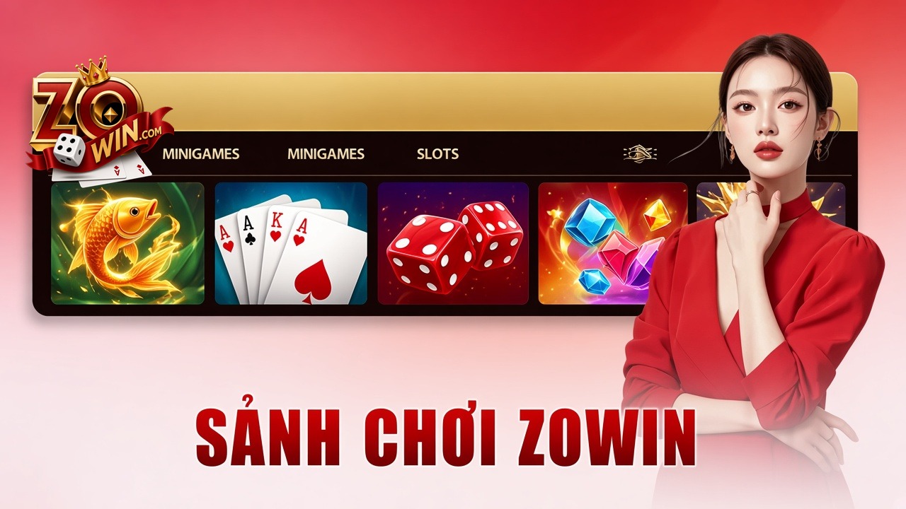 Sảnh chơi Zowin với cá, bài, xúc xắc và người mẫu áo đỏ