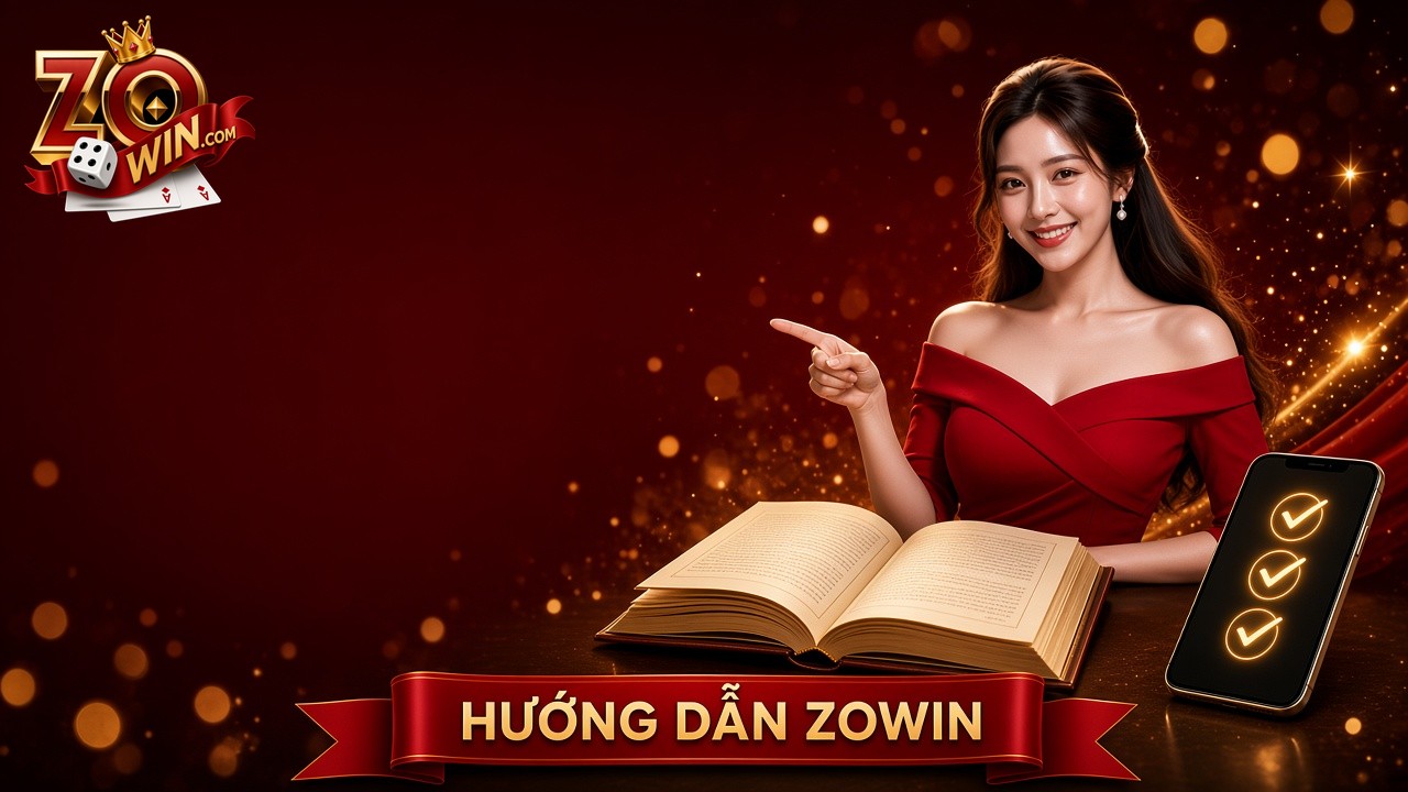 Banner hướng dẫn Zowin với sổ tay và dấu kiểm vàng