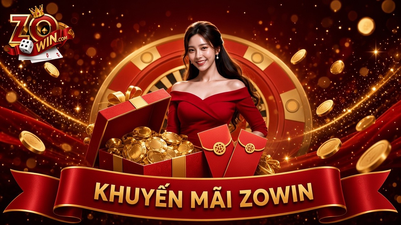 Banner khuyến mãi Zowin với hộp quà chip vàng và lì xì