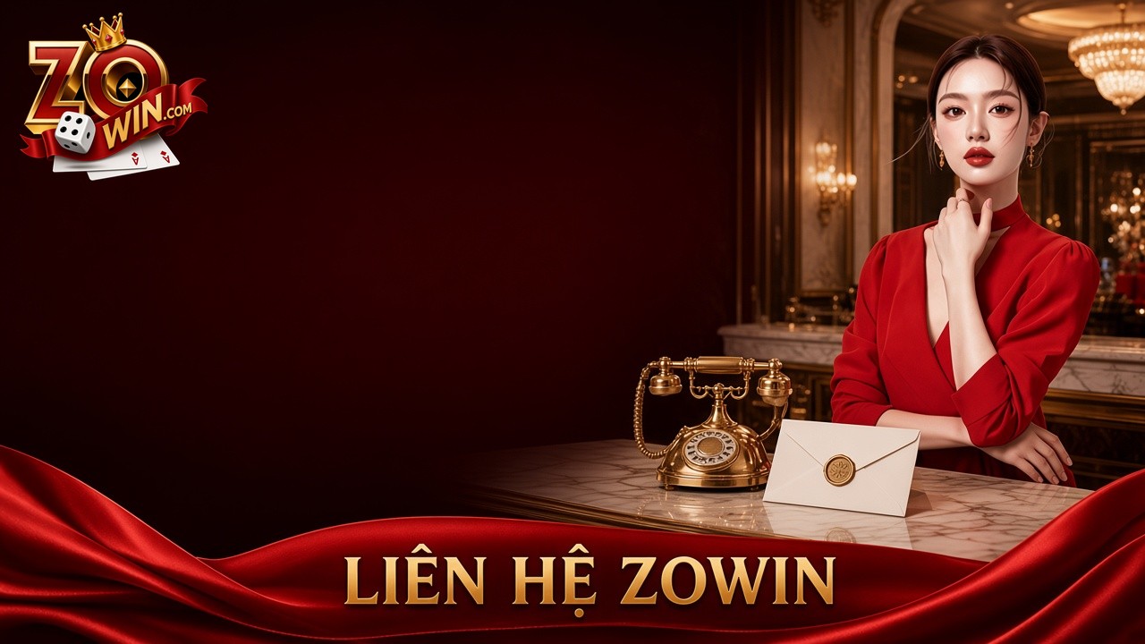 Banner liên hệ Zowin với bàn tiếp tân, điện thoại và phong bì