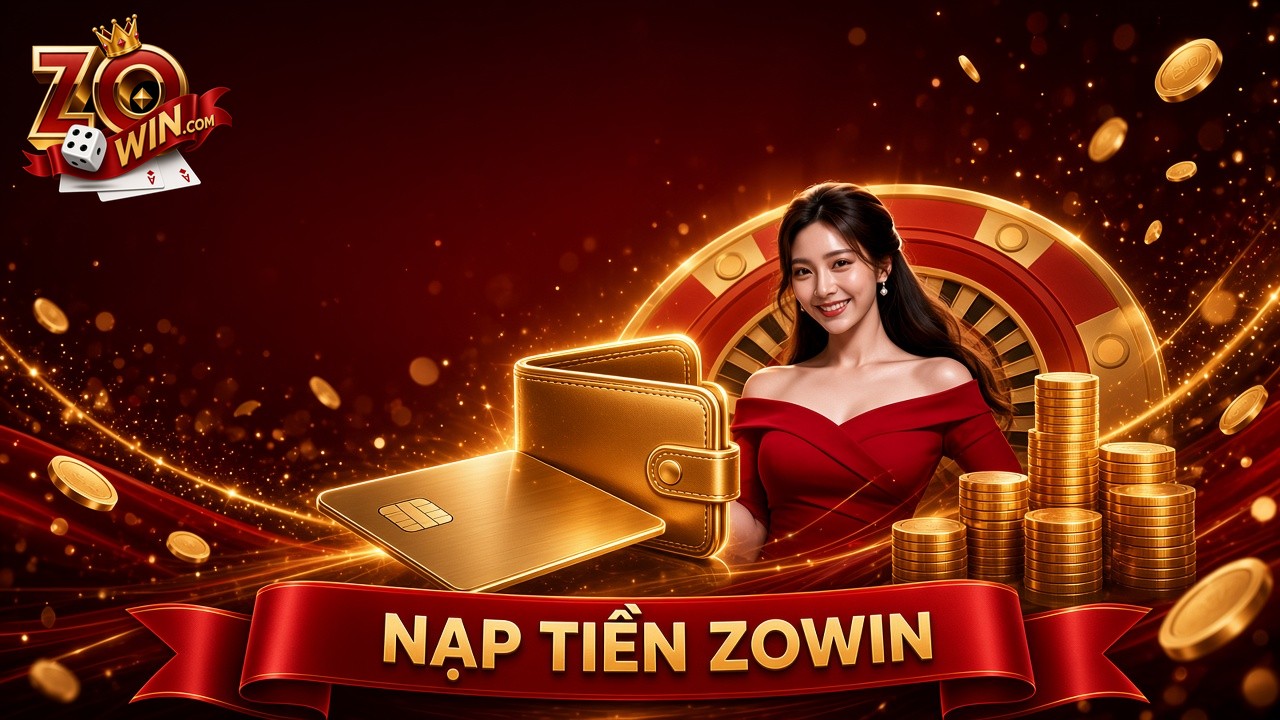 Banner nạp tiền Zowin với ví vàng, thẻ và chồng xu