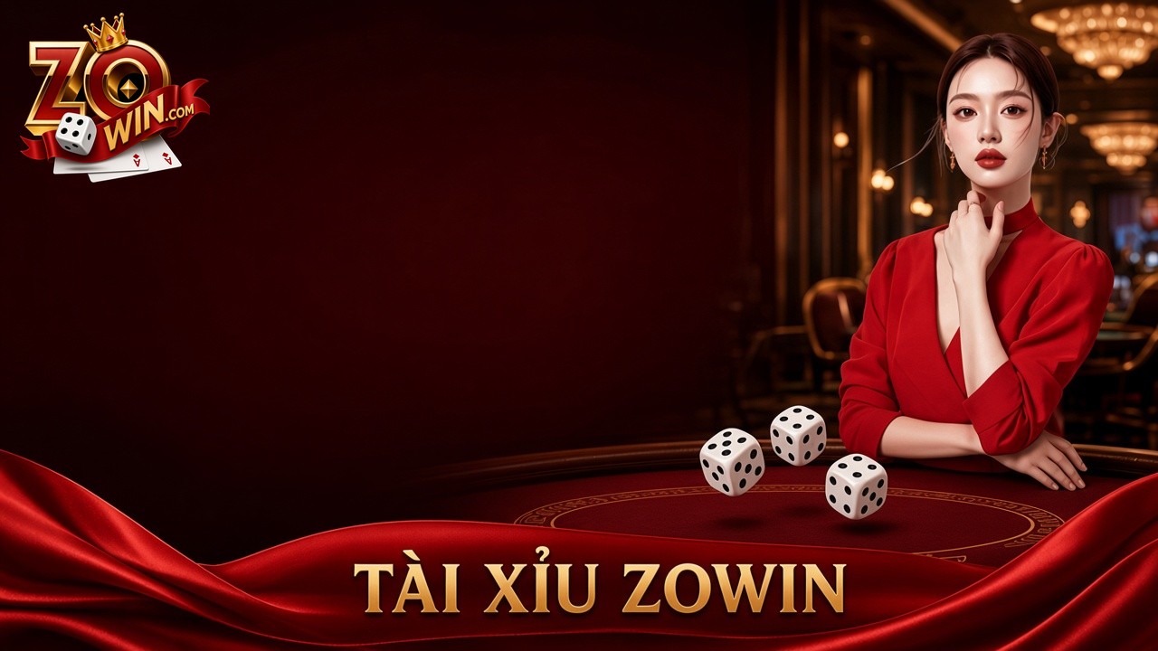 Banner tài xỉu Zowin với xúc xắc trên bàn đỏ