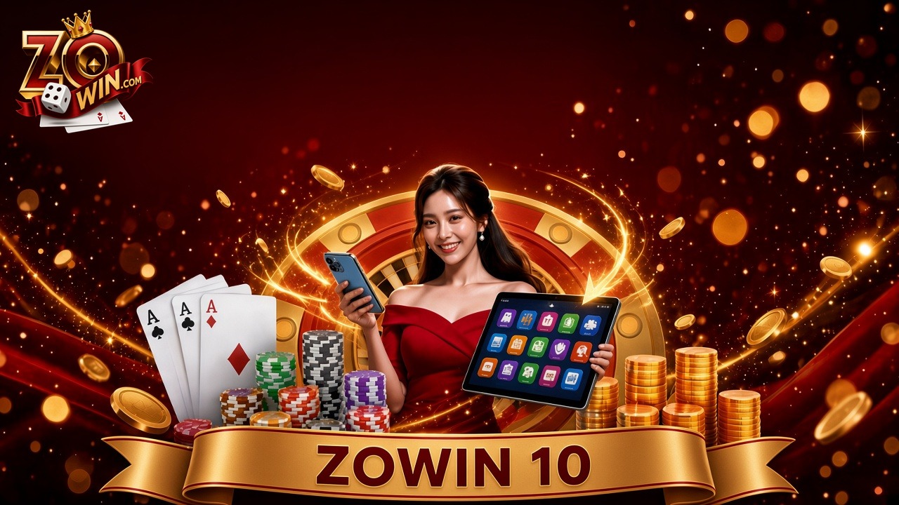 Banner Zowin 10 với điện thoại, máy tính bảng và dải chữ bản Android